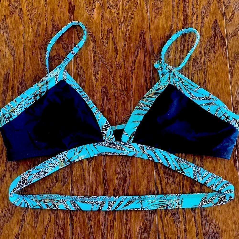 Turquoise and black strappy bikini top